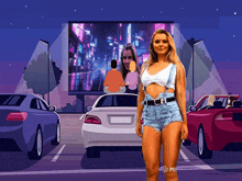a woman in overalls stands in front of a screen that says miami on it