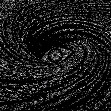 a black and white image of a swirl of white particles on a black background .