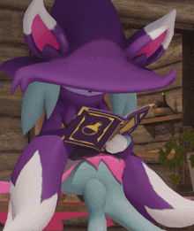 a purple cartoon character is reading a book with a cat on it