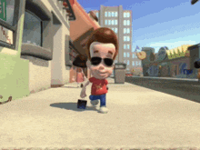 a cartoon character wearing sunglasses is walking down a sidewalk in a city
