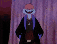 a cartoon cat wearing a purple coat and a necklace with a triangle on it