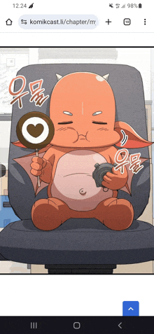 a cartoon dragon is sitting in a chair holding a lollipop