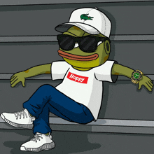 a cartoon frog wearing a white shirt that says hoppy on it