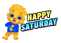 a happy saturday greeting with a cartoon character standing next to it