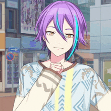 a boy with purple hair and blue streaks in his hair