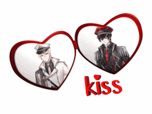 a couple of hearts with the word kiss on them