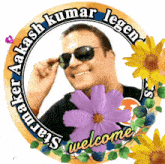 a sticker with a man wearing sunglasses and the words welcome