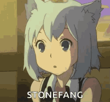 a girl with cat ears and the word stonefang written on the bottom