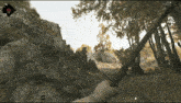 a screenshot of a video game shows a person holding a stick in a forest