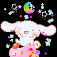 a pixel art of a bunny with a pink cake and a crescent moon
