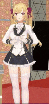 a girl in a school uniform is standing on a red carpet in front of a wall .