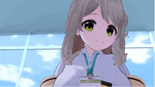 a girl with a lanyard around her neck has a name tag that says ' s ' on it