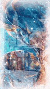 a painting of a city in the snow with a clock tower in the background .