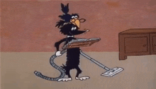 a cartoon of a cat holding a vacuum cleaner and a tray