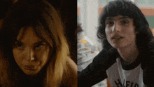 a close up of a woman and a close up of a boy with long hair .