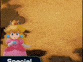 a cartoon of princess peach with a crown on her head and the word special below her