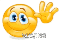 a yellow smiley face with blue eyes is waving with its hand .