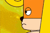 a close up of a cartoon character 's face with a yellow background and a yellow circle in the background .
