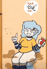 a cartoon of a girl sitting on a toilet holding a can of soda