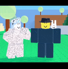 a couple of roblox characters standing next to each other with one wearing a hat