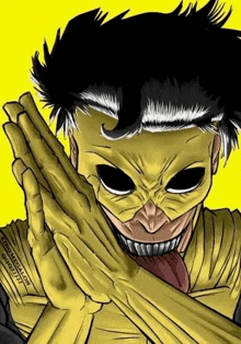 a cartoon drawing of a man wearing a yellow mask and a black shirt .