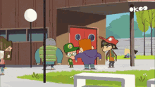 a group of cartoon characters are standing outside of a building with a sign that says okoo on it