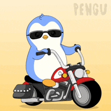 a penguin wearing sunglasses is riding a motorcycle with the word pengu behind him