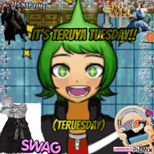 a picture of a girl with green hair says it 's teruya tuesday !