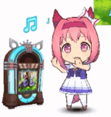a little girl with pink hair is standing next to a jukebox with a music note on it .