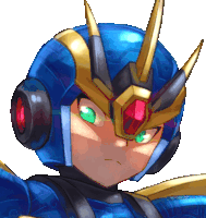 a pixel art drawing of a robot with green eyes and a blue helmet