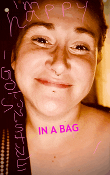 a picture of a woman with the words " i 'm happy in a bag " written on it