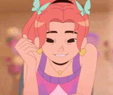 a cartoon girl with pink hair and butterflies in her hair gives a thumbs up