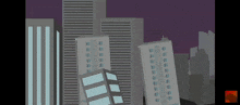 a cartoon drawing of a city with a purple sky in the background
