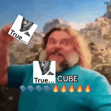 a man in a blue shirt with a picture of a man and the words true cube on it
