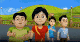 a group of cartoon characters standing next to each other with one wearing a shirt that says yo on it