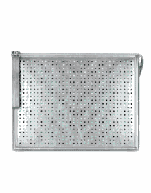 a silver purse with holes in it has a zipper
