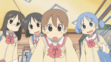 a group of cartoon characters are standing next to each other and looking up