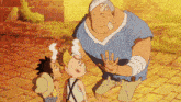 a man with a bandage on his head is talking to two kids