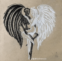 a black and white drawing of a skeleton and angel