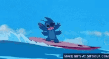 stitch is riding a surfboard in the ocean