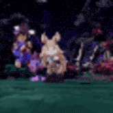 a group of cartoon characters are standing next to each other in a field at night .