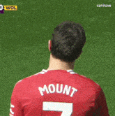 a soccer player wearing a red jersey with the name mount on the back