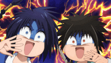 two anime characters are making funny faces in front of a blue background