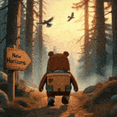 a bear is walking down a path towards a sign that says new horizons