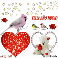 a pink bird sits on a branch next to a red heart with the words feliz ano nuevo above it