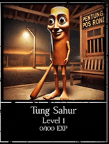 a cartoon character named tung sahur is holding a baseball bat .