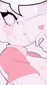 a close up of a cartoon character wearing a pink shirt and a heart on her chest .