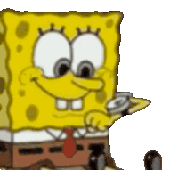 a spongebob squarepants character is holding a can of soda