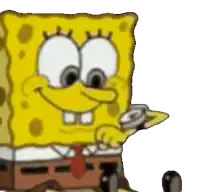 a spongebob squarepants character is holding a can of soda