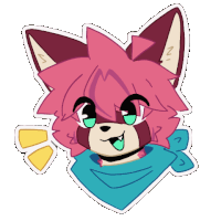 a sticker of a pink furry animal with green eyes